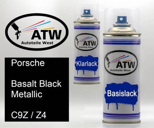 Porsche, Basalt Black Metallic, C9Z / Z4: 400ml Sprühdose + 400ml Klarlack - Set, von ATW Autoteile West.